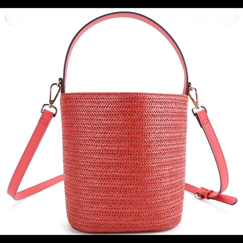 LaTerre NWT CORAL color straw Bucket Bag drawstring closure handle/crossbody